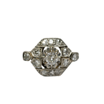 Bague or gris avec diamant central et 12 petits diamants