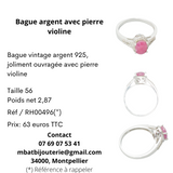Bague argent avec pierre violine