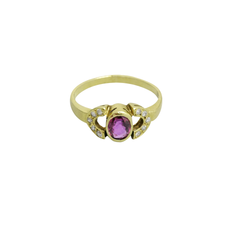 Bague or jaune 750, 10 diamants et un rubis