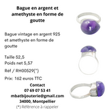 Bague en argent et améthyste en forme de goutte