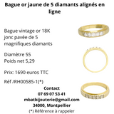 Bague or jaune 750, 5 diamants alignés en ligne
