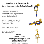 Pendentif or jaune croix égyptienne ornée de lapis lazuli