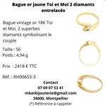 Bague or jaune 750 Toi et Moi 2 diamants entrelacés