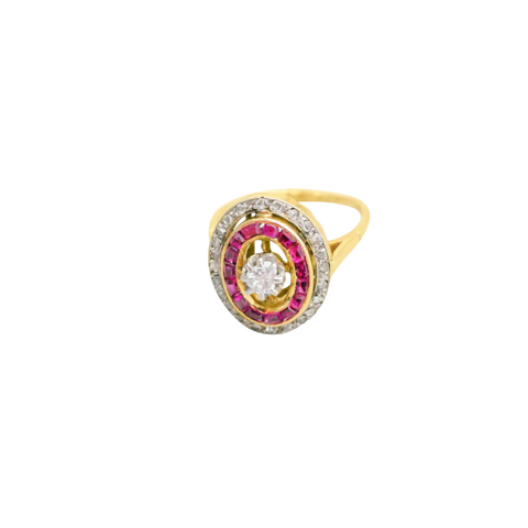 Bague or jaune 750 ovale avec diamants et rubis