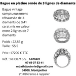 Bague en platine ornée de 3 lignes de diamants