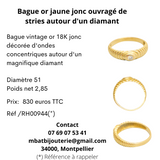 Bague or jaune 750 jonc ouvragé de stries autour d'un diamant