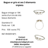Bague or gris et ses 3 diamants triplets