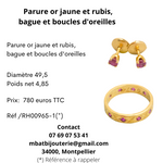 Parure or jaune et rubis, bague et boucles d'oreille