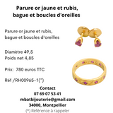 Parure or jaune et rubis, bague et boucles d'oreille