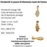 Pendentif or jaune 750, 23 diamants main de Fatma