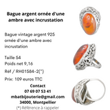 Bague argent 925 ornée d'une ambre avec incrustation