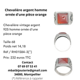 Chevalière argent homme ornée d'une pièce orange