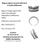 Bague argent ouverte alternant 3 motifs différents