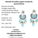 Boucles d'oreille argent ornées de perles bleues