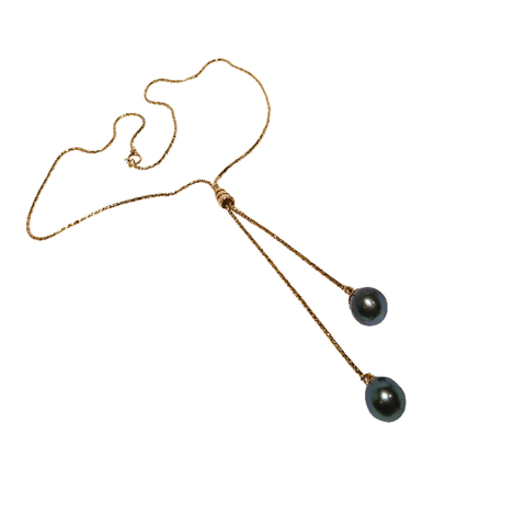 Collier or jaune 2 perles de Tahiti tombantes