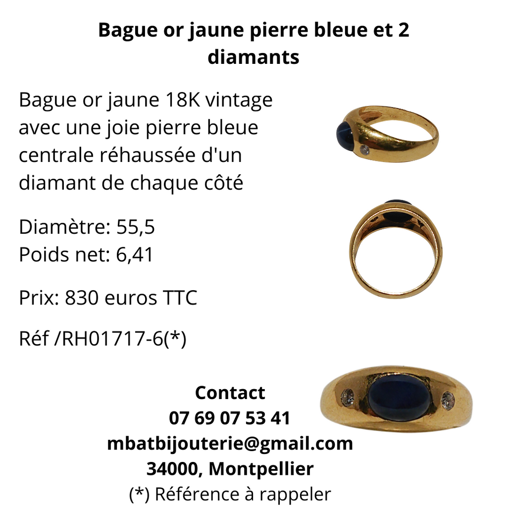 Bague or jaune pierre bleue et 2 diamants Bijouterie MBAT