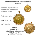 Pendentif avec pièce 50 francs Napoléon III empereur