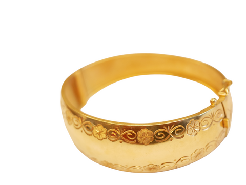 Bracelet art nouveau jonc large or jaune 18k  avec motifs floraux