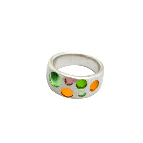 Bague argent avec pastilles oranges et vertes